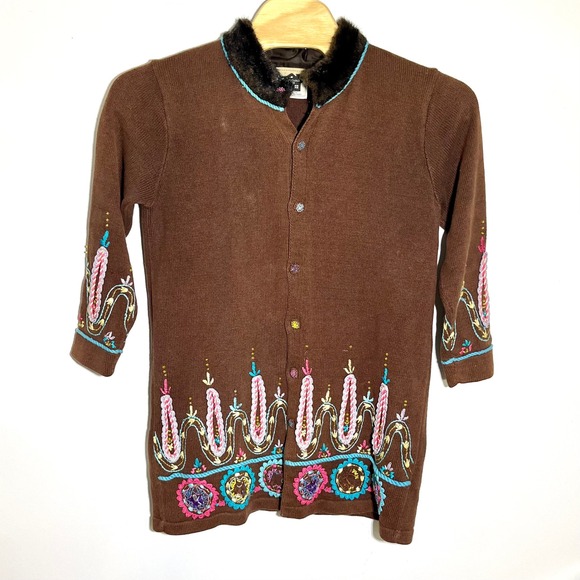 Storybook Knits‎ Embellished Cardigan Faux Fur Trim Brown Sweater Large - Picture 1 of 6